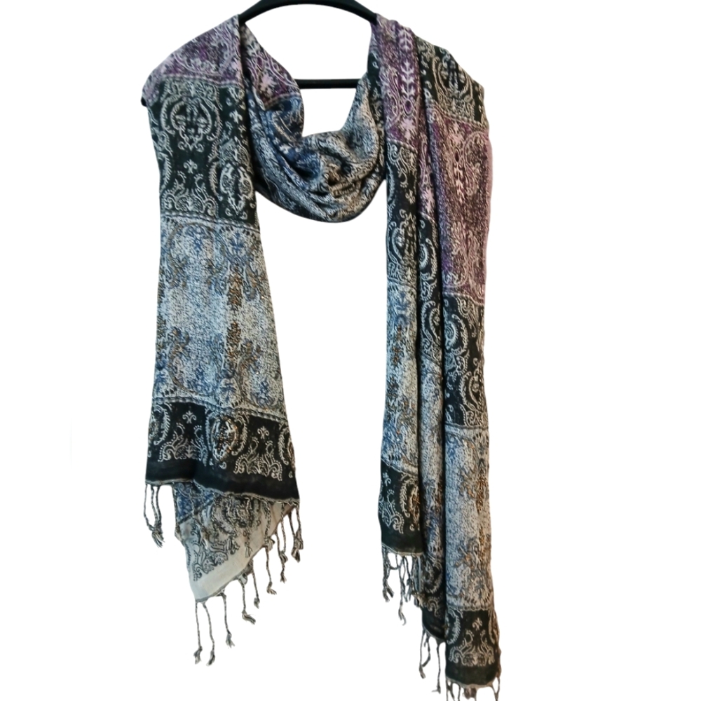 CHICO'S Fringed Moroccan Inspired Print Oversized Shawl Wrap w Beaded Accents OS